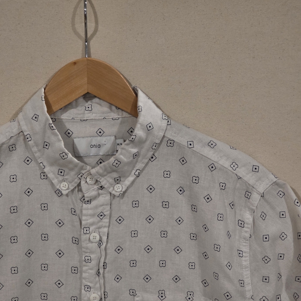 Onia Geometric Pattern Short Sleeve Linen Blend Button Down M
